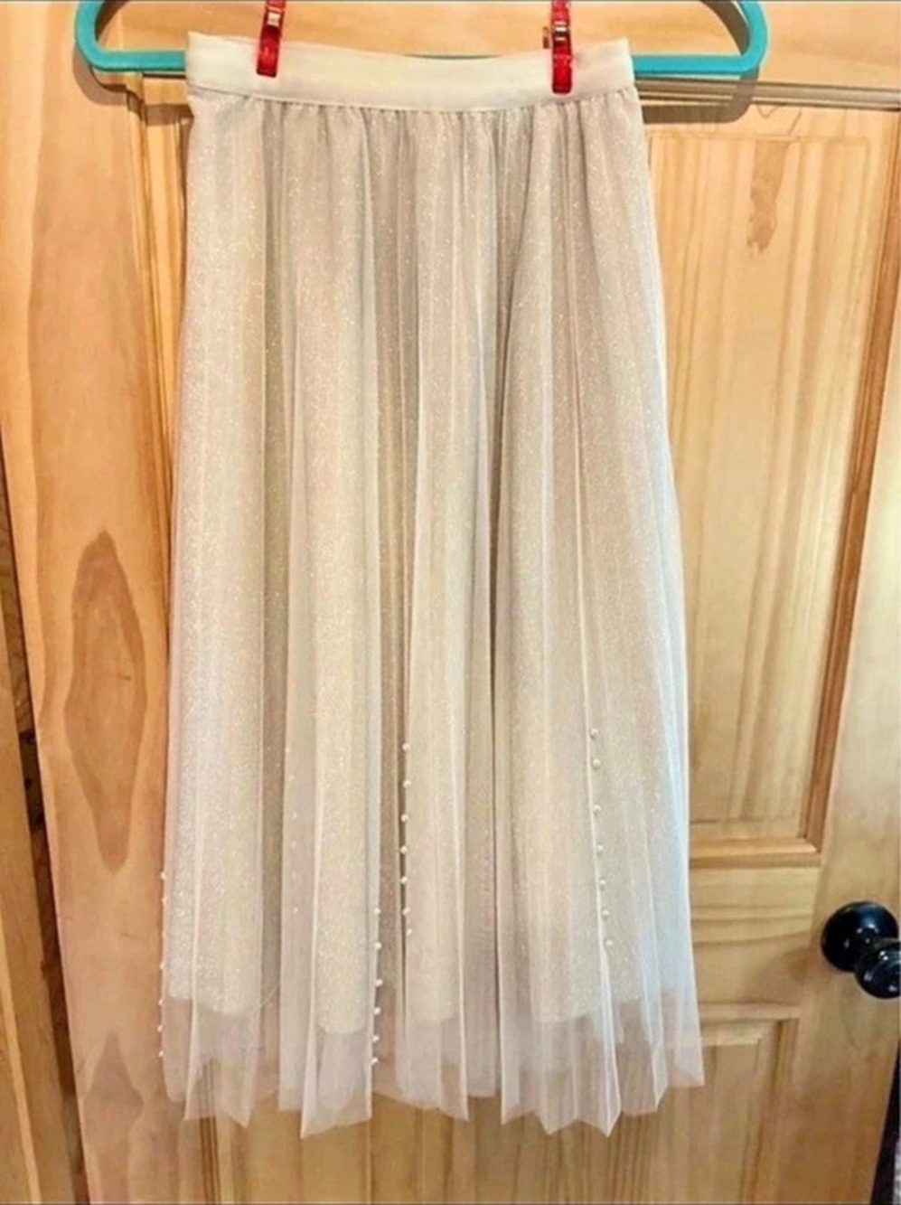 Sheer Pleated Maxi Skirt in Ivory with Gold underlay and pearl details